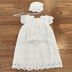 Handmade White Crochet Baby Dress and Bonnet